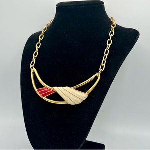 Vintage MONET gold red cream enamel collar necklace choker 16” statement